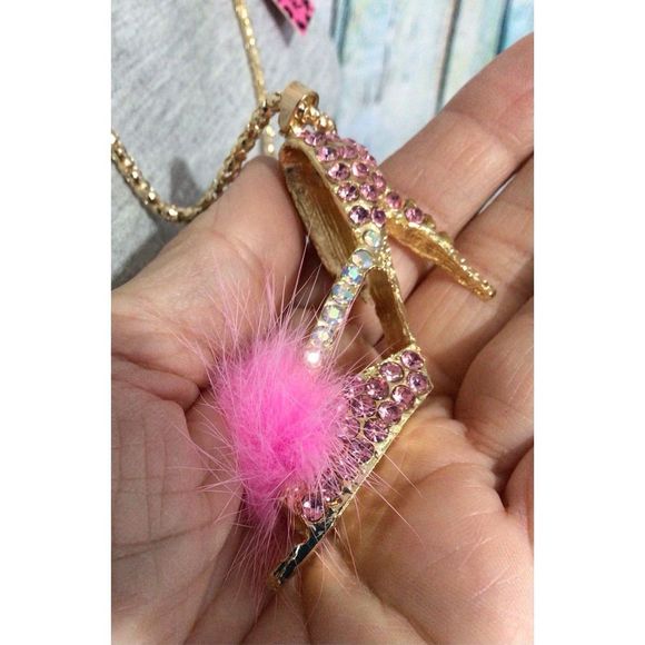 NWT Betsey Johnson Pink & Gold Rhinestone Shoe Pendant Adjustable Chain - Picture 8 of 15